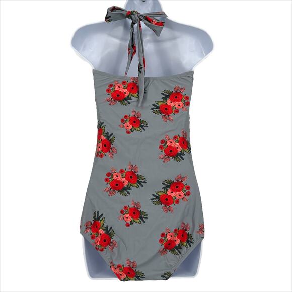 Halter Neck One Piece Swimsuit with Rose Print in Grey and Red Size Large - Picture 4 of 5